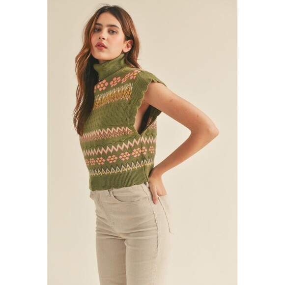 &Merci Sleeveless Sweater Flowers Textured Dainty Feminine Preppy Fair Isle M - Picture 1 of 10